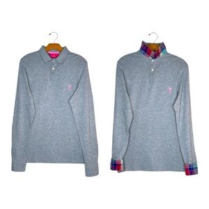VICOMTE A. Paris Palm Beach Grey Pink Plaid Contrast Long Sleeve Polo Size MED